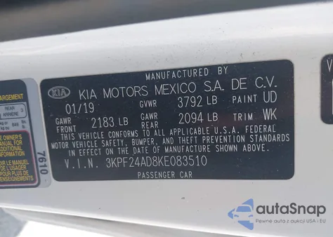 2019 Kia Forte Lxs z USA, uszkodzony, nr VIN 3KPF24AD8KE083510
